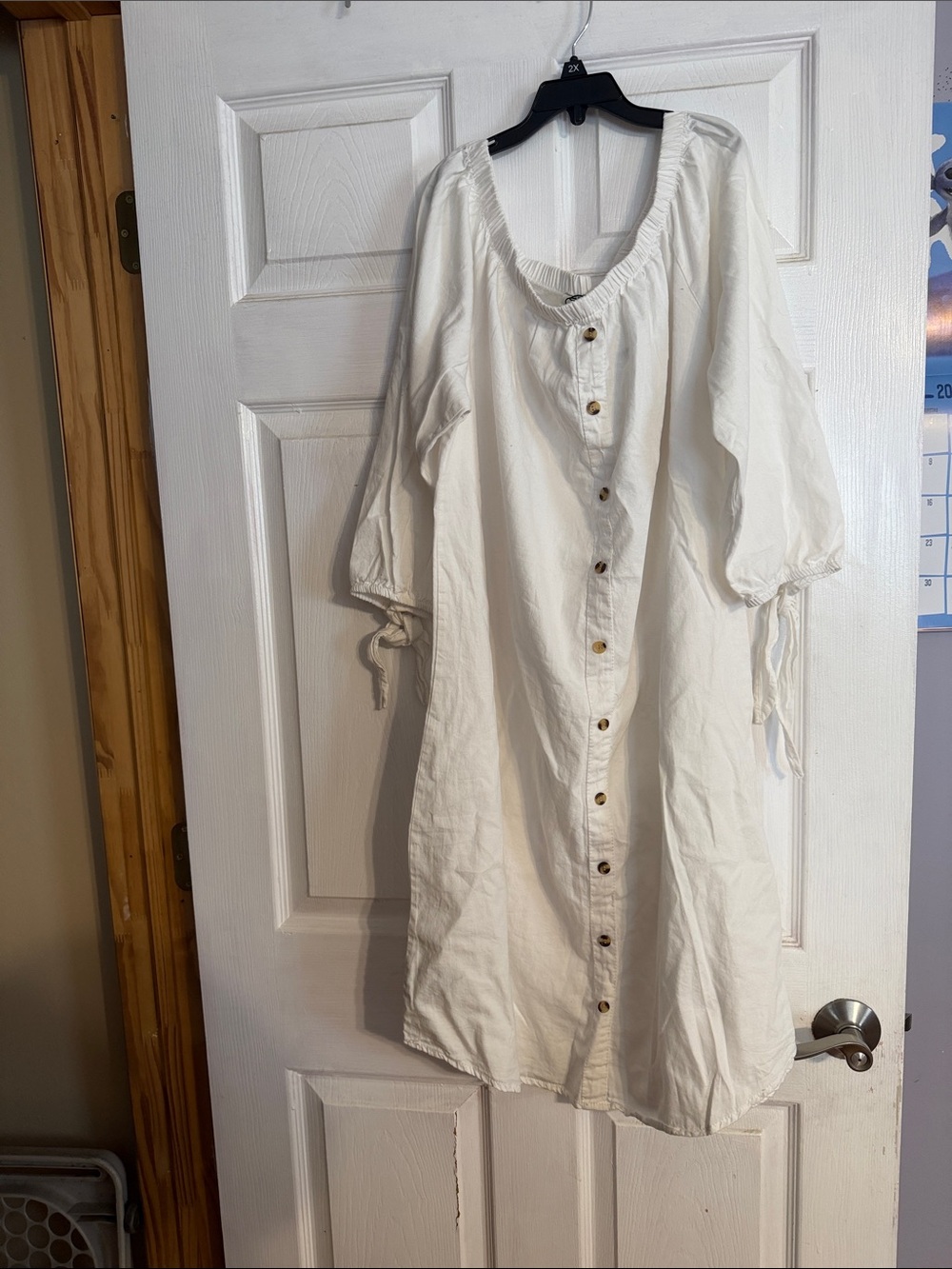 Button-Front White Midi Dress with Tie Sleeves